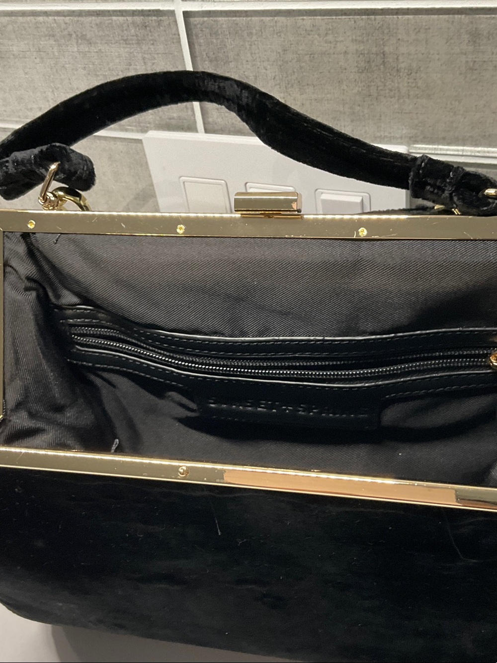 Black Velvet Top-Handle Satchel with Gold Trim - Picture 4 of 7